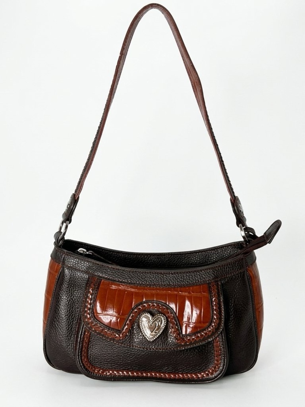 Coldwater Creek Western Black Brown Croc Shoulder Bag Silver Heart Buckle